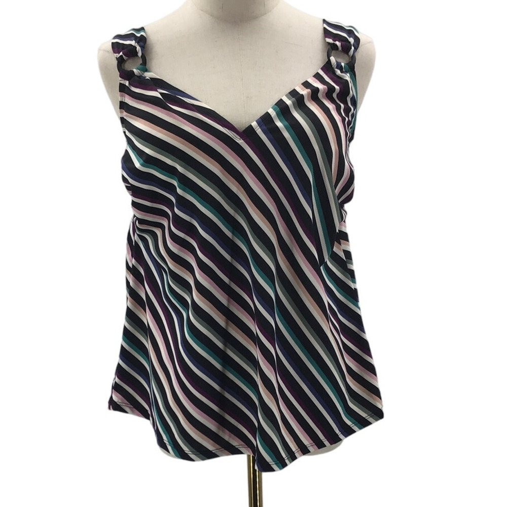 KONA SOL 14W plus black striped vneck built in bra tankini swim top NWT B75